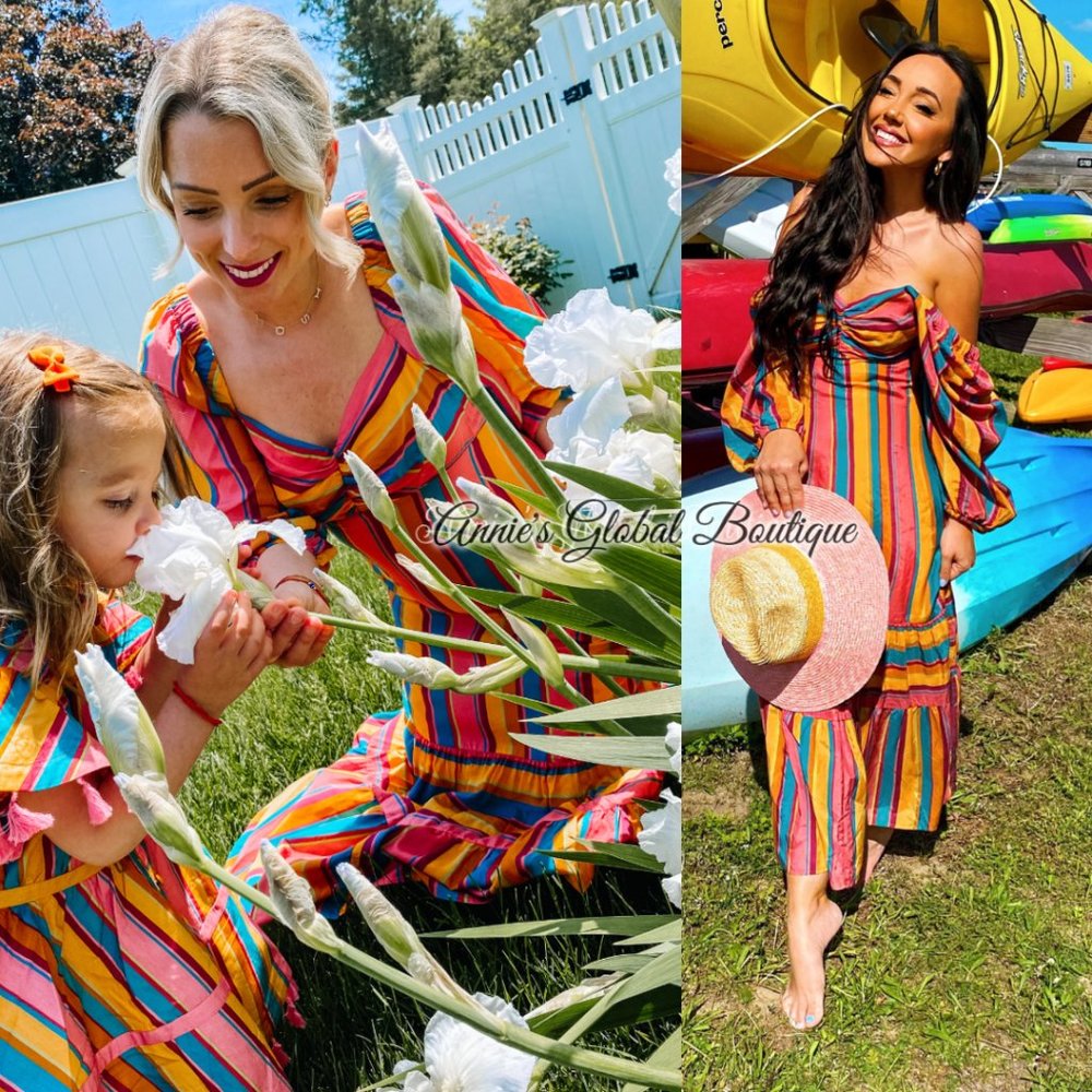 RARE NWT ANTHROPOLOGIE FARM RIO Rainbow Striped Flounced Midi Dress. Size L - Picture 6 of 16